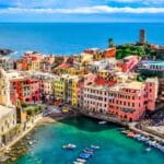 Panoramic view of the colorful village of Vernazza in Cinque Terre, Italy.