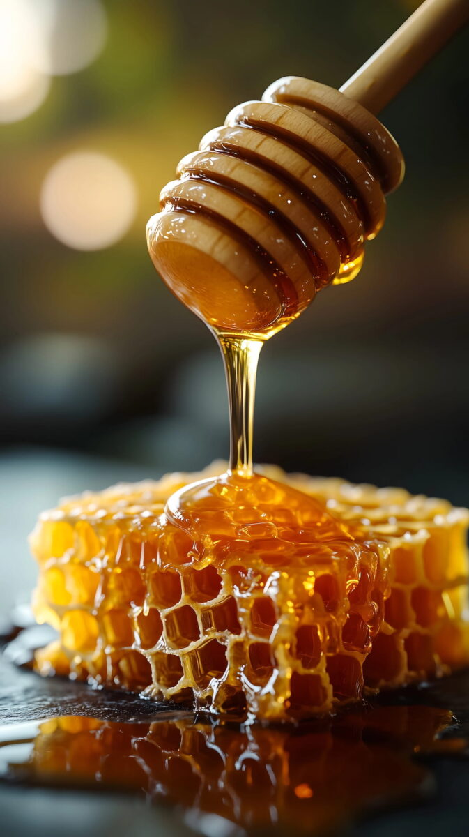 A wooden honey dipper dripping thick, golden honey onto a fresh piece of raw honeycomb with a soft, blurred background.