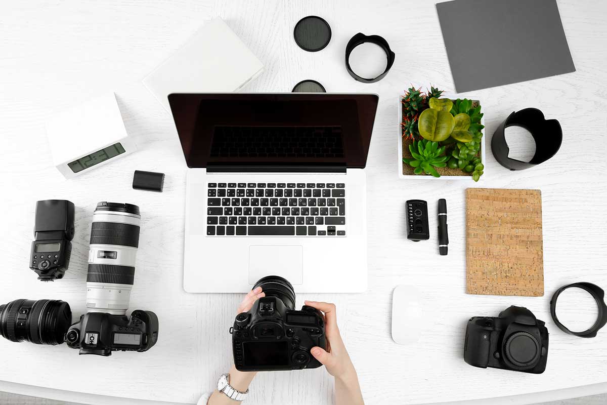Photography equipment and laptop.