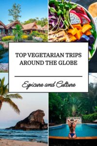 Collage promoting vegetarian travel destinations around the world, featuring a tropical eco-resort, a colorful plant-based meal, a beach with rock formations, and a jungle pool retreat, with the text “Top Vegetarian Trips Around the Globe.”