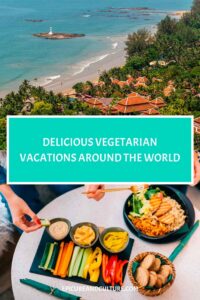 Collage promoting vegetarian travel destinations around the world.