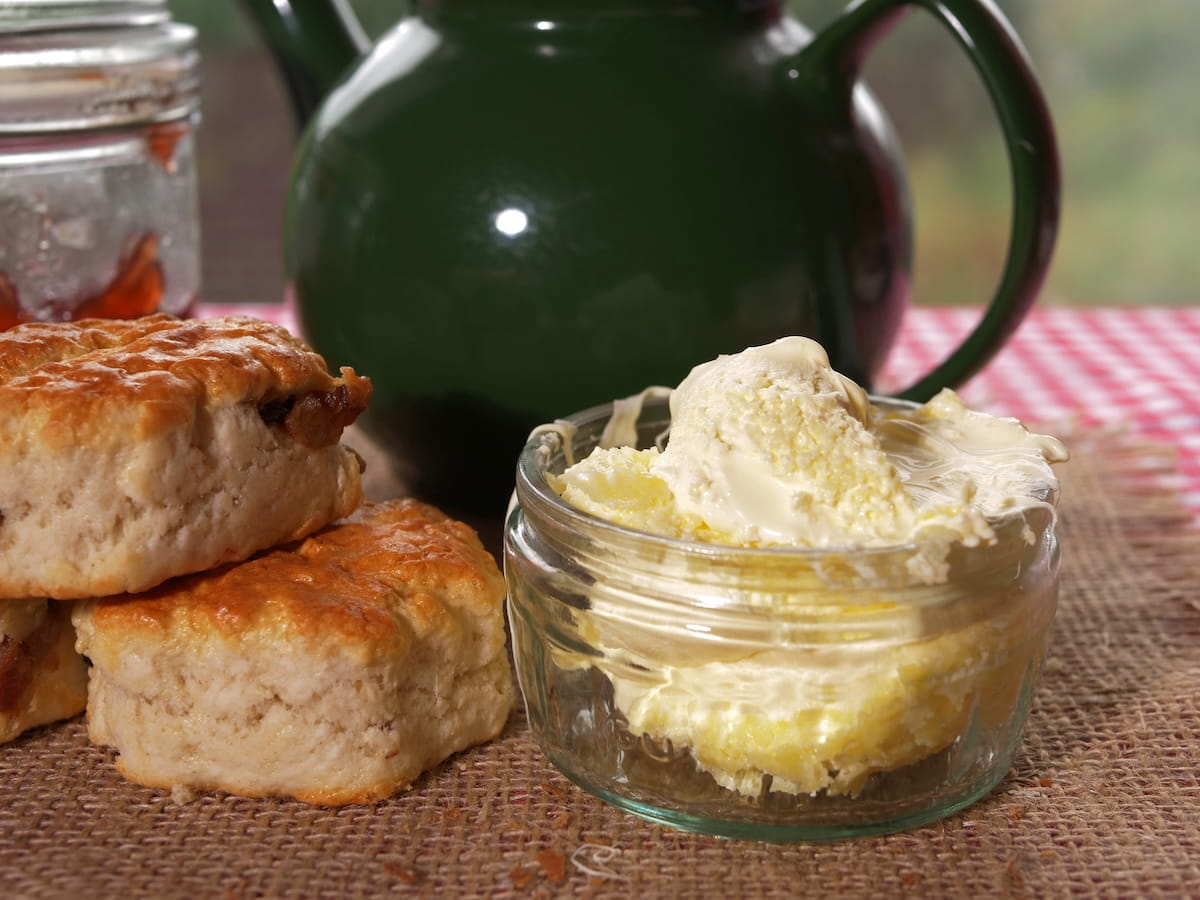 A rustic cream tea setting featuring a small glass jar filled with thick, rich clotted cream in the foreground. To the left is a small stack of golden-brown baked scones. In the blurred background, a dark green ceramic teapot sits on a red-and-white checkered tablecloth, alongside a partial view of a glass jam jar.