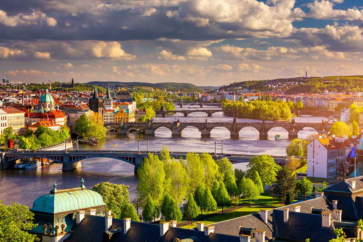 Scenic view on Vltava river and historical center of Prague, buildings and landmarks of old town, Prague, Czech Republic.