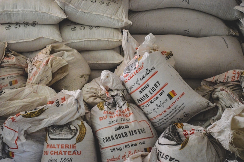 bags of belgian malt from river brewing victoria falls
