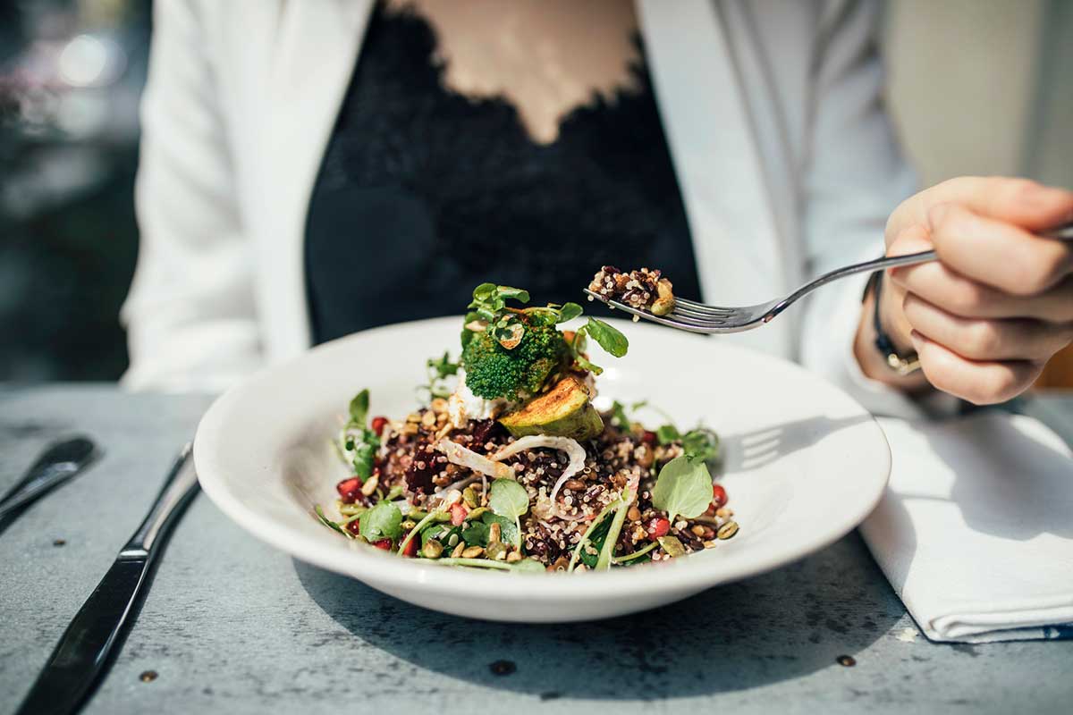 Eating a vegan meal in a restaurant in Atlanta.
