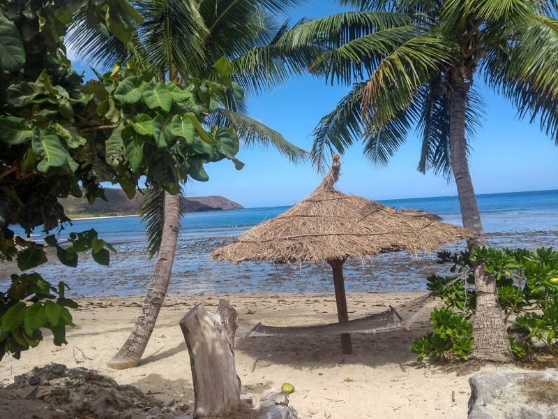 A beach in Fiji with a hammock between two palm trees