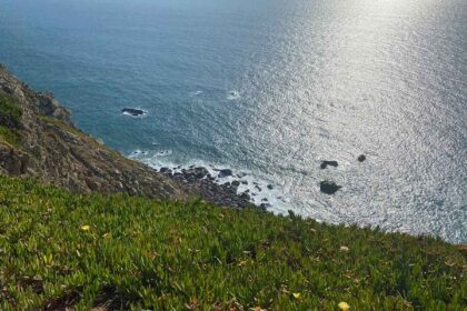 Sunlit Atlantic Ocean from Portuguese coastal cliff. Silver light reflects on water surface around dark rocky outcrops.