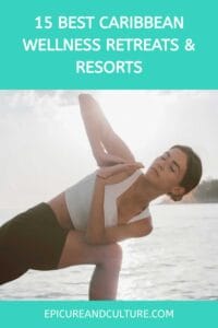 pinterest pin that shows a woman doing yoga in a retreat in the caribbean