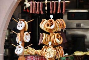 Pretzels and sausages in a market in Strasbourg.