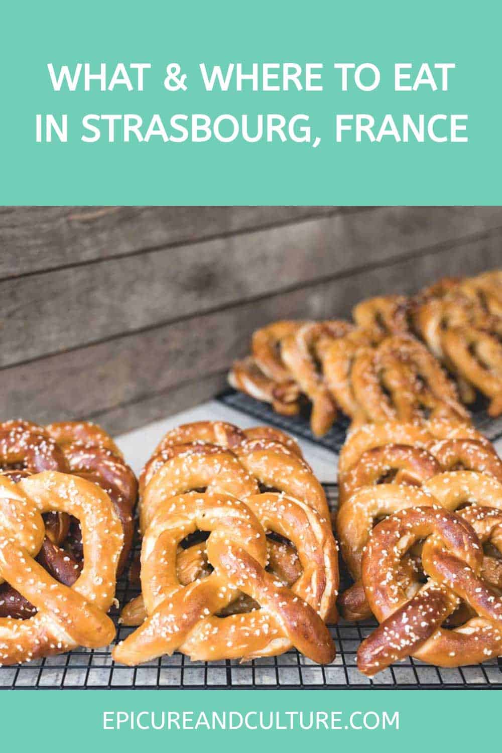 Pinterest pin that shows freshly baked pretzels.