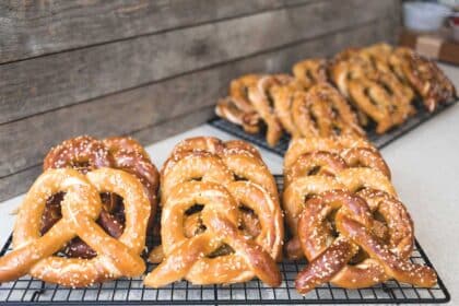 Freshly baked pretzels in a bakery in strasbourg.