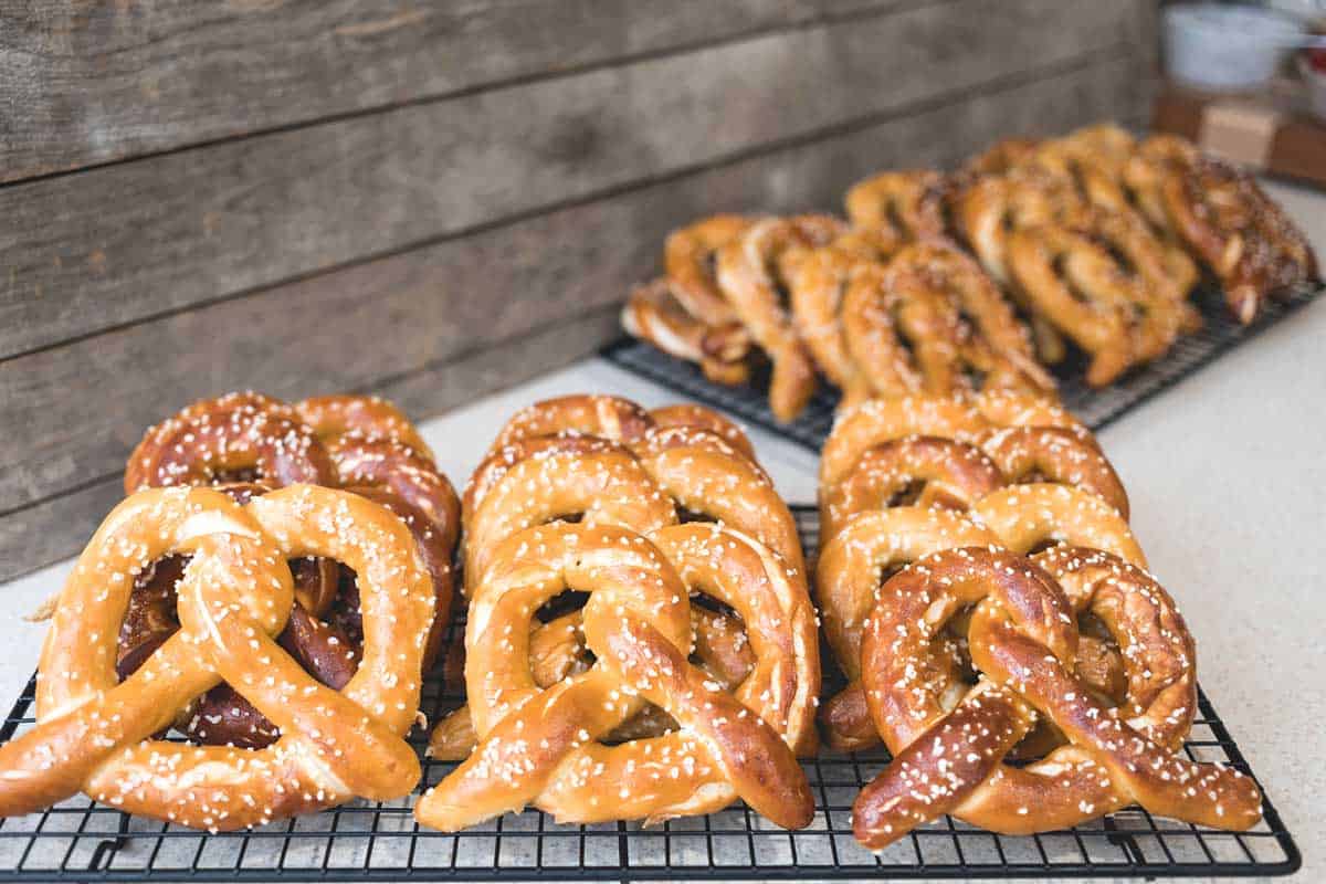 Freshly baked pretzels in a bakery in strasbourg.