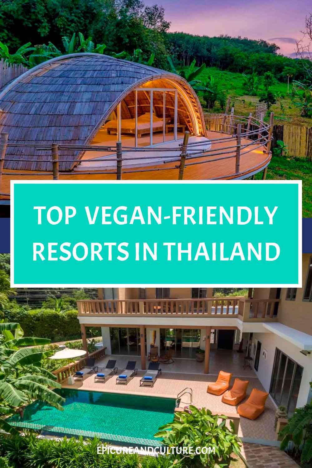 Pinterest graphic titled "Top Vegan-Friendly Resorts in Thailand" featuring luxury vegan-friendly resorts with private pools, tropical beaches, ocean views.