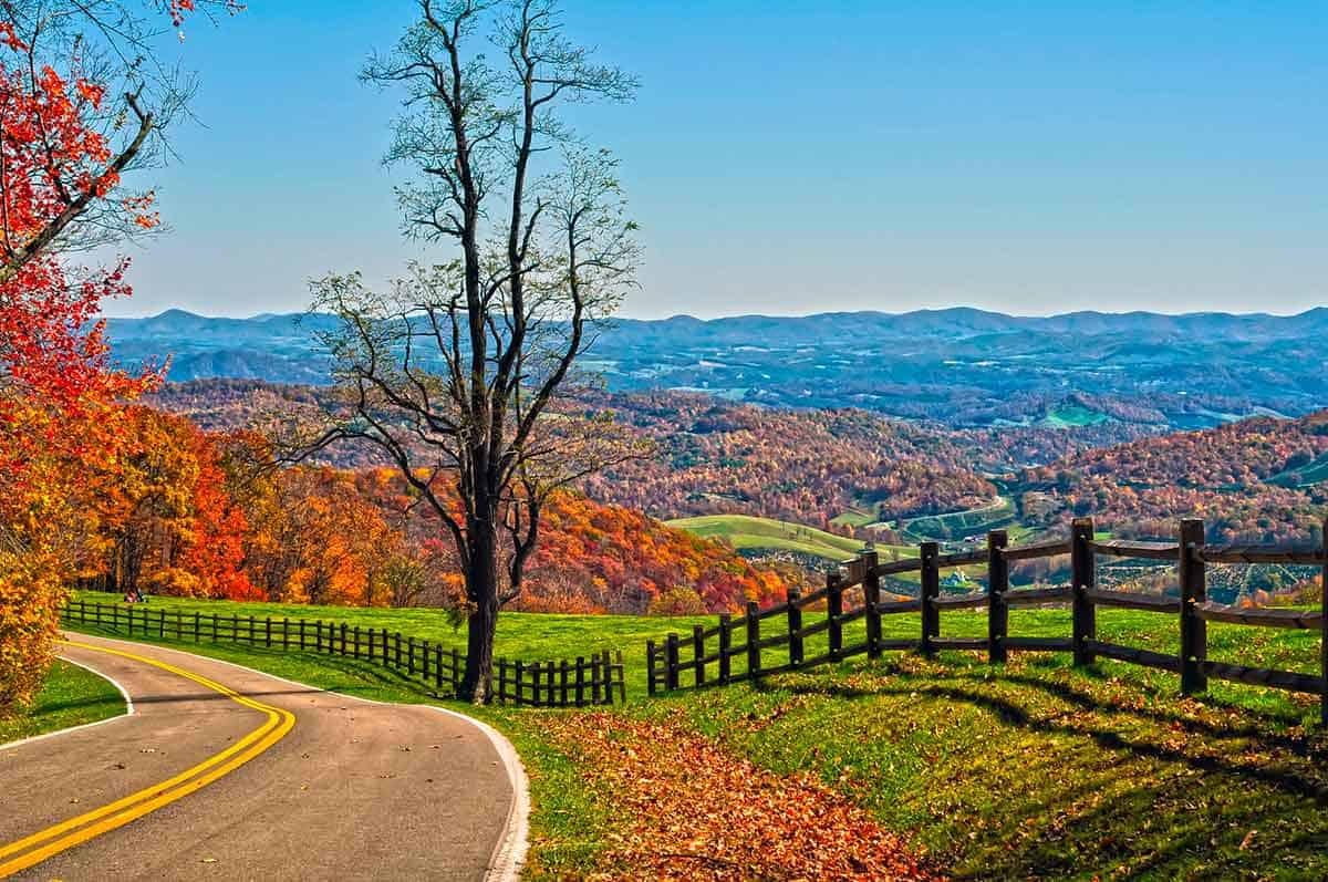 View of a road in the Blue Ridge Mountains in Virginia, showcasing the fall foliage.