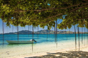 A quiet, sun-drenched beach in Fiji featuring a traditional-style boat floating in shallow transparent water under the shade of tropical foliage.