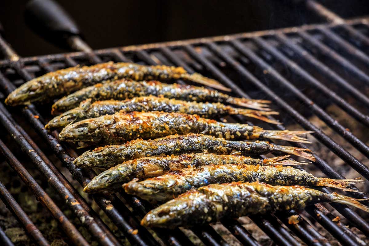 Freshly grilled sardines on the grill.