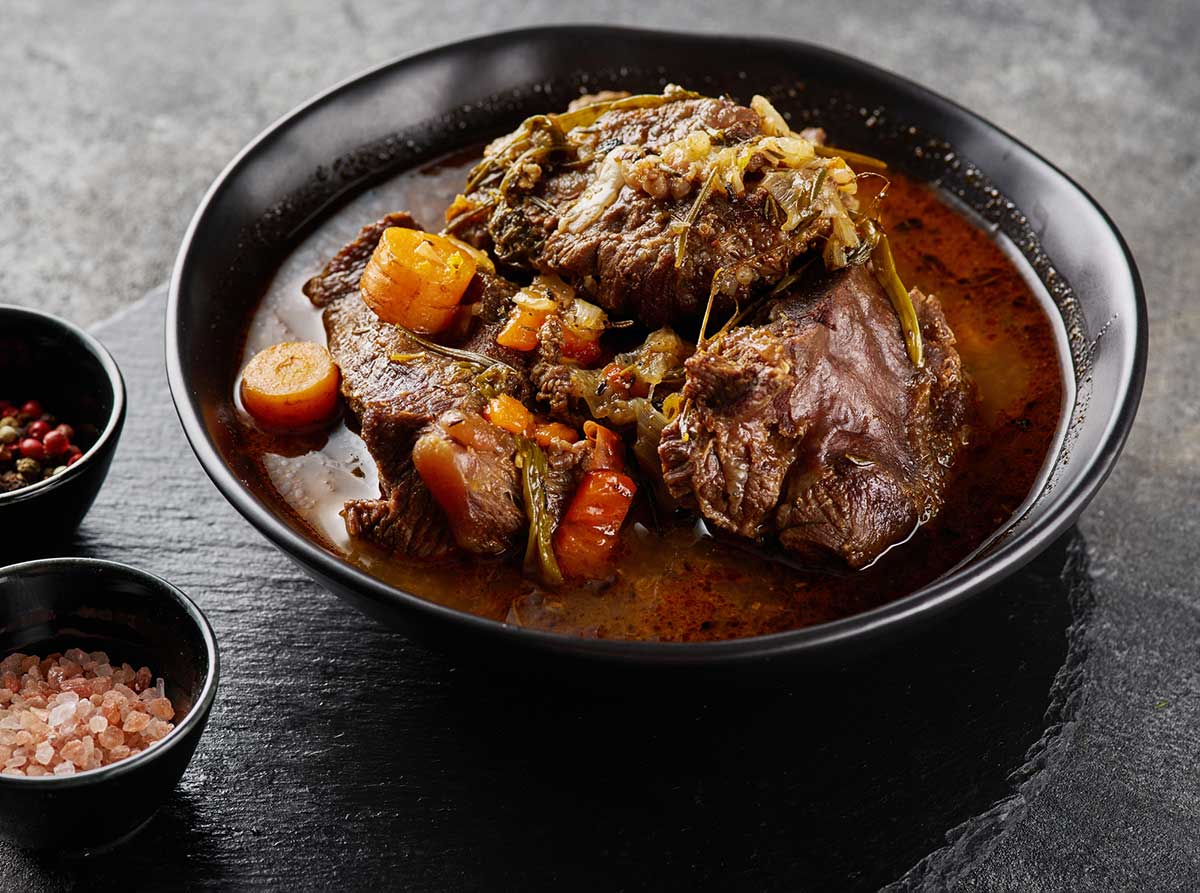 Ox cheeks cooked in teran wine.