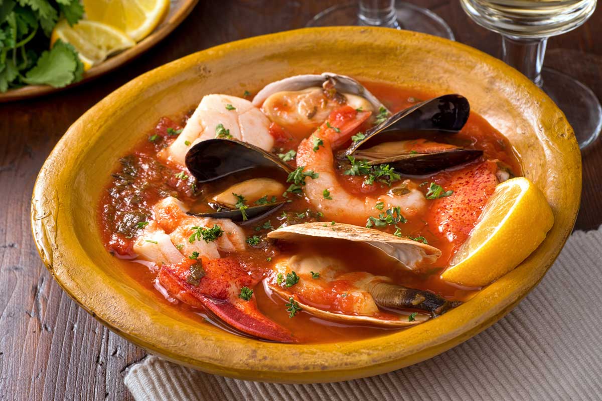 Close up photo of a seafood stew.