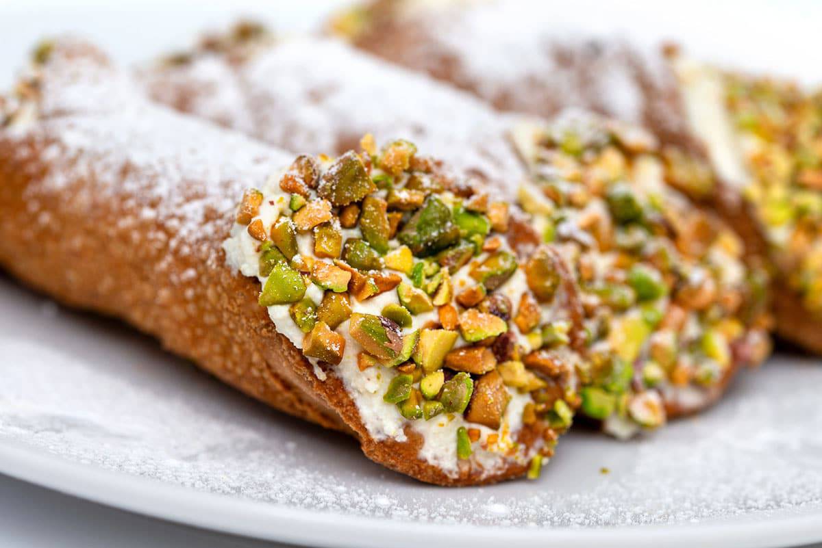 Traditional Sicilian cannoli with pistachio.