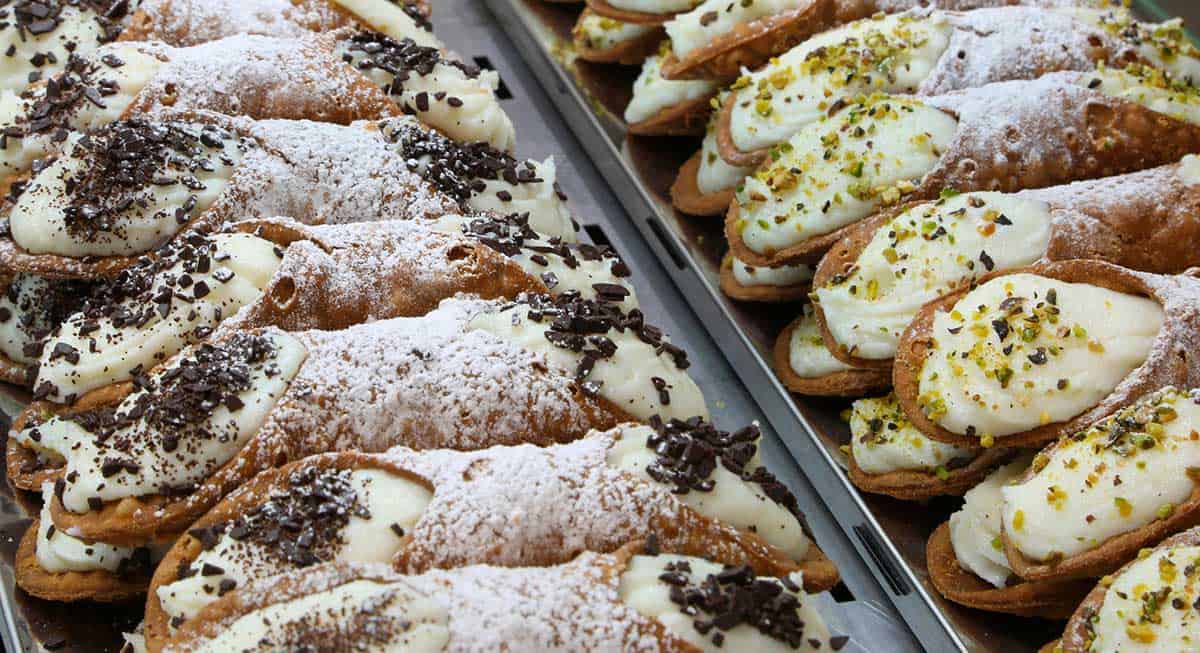 Chocolate and pistachio cannoli from a pasticceria in Sicily.