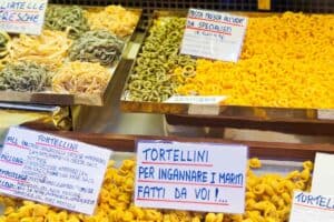 Tortellini at Mercato Albani in Bologna, Italy.